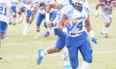 Kobe Lefiti of the JV Samoana Sharks returning the opening kick-off of the game, all the way back to Tafuna’s 5-yard line, a 95-yard return – the longest return of the week. Lefiti helped the Sharks win 46-8 win. [photo: TG]