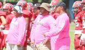 Yes, it’s Pinktober every Saturday at the Veterans Memorial Stadium, as coaches and players come out with their pink uniforms in honor of Breast Cancer Awareness Month. Pictured is the Faga’itua Vikings coaching staff with their pinktober uniforms. [photo: TG]
