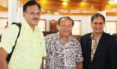 [l-r] Sen. Paepae Iosefa Faiai; House Budget and Appropriations Committee chairman, Rep. Vailiuama Steve Leasiolagi; and Senate Budget and Appropriations Committee chairman Sen Magalei Logovi’i, at the conclusion of the Fono joint budget committee hearing last Friday, which is co-chaired by Vailiuama and Magalei.  [photo: FS]