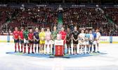 "The 2017 HSBC Canada Sevens Captain’s photo took place last night with distinctly ‘Canadian’ flavour as the 16 teams were invited onto the ice prior to a Vancouver Canucks hockey game. Once the photo was taken, the Canadian and South African captains took part in a ceremonial faceoff with the captains of the New York Islanders and Vancouver Canucks.  The rugby players remained on the ice for the singing of the US and Canadian National anthems. [photo: courtesy World Rugby]
