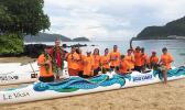 A representative of SoPac Distributors (Bud Light), who sponsored one of the canoes, for the Le Vasa Club celebrating the blessing of the new outrigger canoes on Tuesday afternoon at the Sadie’s by the Sea beach in Utulei. [photo: Ese Malala]
