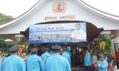 DPS Fire Bureau walk into the Congregational Christian Church of American Samoa in Amouli for a family-service yesterday morning for the late Capt. Mike Asiasiga Olive Tipoti,