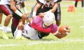 Raemos Fano’s leaping touchdown in the second half of their championship game against the Warriors last Saturday – after leading the Vike’s inside the Warriors red zone, Fano muscled his way to scoring this one — as he was brought down by Warriors So’oso’o Letuli, Fano was still able to leap the football pass the goal line for his first touchdown of the game.  [photo: TG]