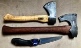 CRKT makes lightweight solid pack axes that, coupled with a handsaw, might just meet your post Cyclone Gita needs.  Top to bottom: Pack Axe, Freyr, and the Silky Pocket Boy.   [Photo by Barry Markowitz]