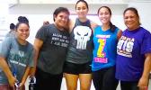Pictured are Taebo Defense instructor Talaleomalie Mortenson (center); Zumba instructor Erica Afalava Magalei (2nd from right); and Angels Against Violence coordinator Tanya Ma’o-Aab (far right), with two program participants