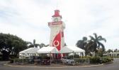 Clock tower in Apia, Samoa painted with Vodafone  logo 
