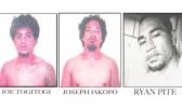 The three inmates who escaped Sunday from the Territorial Correctional Facility (TCF) and were still at large as of press time yesterday. These photos — provided by DPS — feature the escapees with their names inked on them for identification. [photos: DPS]