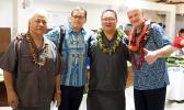 (l-r) FFAS President Fai’ivae Iuli Godinet, member of the visiting FIFA delegation, FFAS CEO Tavita Taumua, FIFA President Gianni Infantino