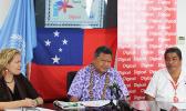 Tackling HIV, STI and TB, in Samoa, United Nations Development Program Lizbeth Cullity, Ministry of Health’s Director General, Leausa Dr Take Naseri and Digicel Special Program Manager, Waikato Fatu launched the T3 campaign, Talk it, Test it, Treat it.  [Photo: JL]