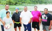 Le Afioga i le Utaife’au ia Leonard Sonoma (center) and committee members of the Paepaeulupo’o II from the village of Aua – posing for a Samoa News group photo in front of their – ‘Faleva’a’ – yesterday evening. Uta’ife’au will be taking the helm of the Paepaeulupo’o II again for the 2017 Flag Day Fautasi Regatta. [photo: TG]