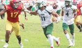 Pearson Livi of the Leone Lions focus on timing his stiff arm 