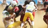 Leone Lions’ beastly defensive lineman Cyan Fiatoa and his teammates bringing down Joseph Umu