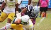 Tillus Sala (45) of the Sharks bringing down Fa’alili Fa’amoe 