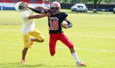 Faga’itua Viking’s Scott Pese (10) puts a stiff arm to the face of a Leone defender