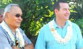 Gov. Lolo Matalasi Moliga (left) and Hawaiki cable chief executive officer, Remi Galasso (right) last Saturday morning at Fogagogo looking out to sea at the vessel Responder that was laying the Hawaiki cable to the Fogagogo landing station. [photo: FS]