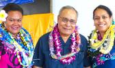 [l-r] Territorial Teacher of the Year, Rosalee Tela of Nu’uuli Vocational Technical High School, Gov. Lolo Matalasi Moliga, and Education Department’s Teacher of the Year, Martha Sagapolutele, principal of Manulele Tausala Elementary Schoo