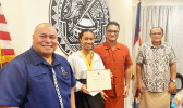 [l-r] The Governor’s Chief of Staff, Tuimavave Tauapa’i Laupola; Summer Youth Employment Program participant; Acting Gov. Talauega Eleasalo Ale, and the Governor’s Office Chaplain, Patolo Mageo