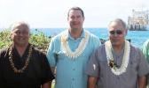 [l-r] ASTCA board chairman Sen. Fai’ivae Iuli Godinet; Hawaiki chief executive officer  Remi Galasso, and Gov. Lolo Matalasi Moliga, on the rocky-shoreline of Fogagogo last Saturday, while the vessel, Responder, anchors off on the ocean, laying the Hawaiki undersea fiber optic cable. [photo: Fili Sagapolutele]