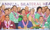 Group photo of some of the delegates at the opening the three-day 7th Bilateral Health Summit of the two Samoas hosted by American Samoa at the Gov. H. Rex Lee Auditorium. Front row (l-r): Rev. Alapi Eti of the CCCAS Ierusalema Fou; Lt. Gov. Lemanu Peleti Mauga; and Samoa government’s Associate Minister Salausa Dr John Ah Ching. [photo: AF]