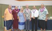 Walter and Tina Panzirer (middle) and government officials after the ceremony for the official announcement of the $3.2 million from the Leona M. and Harry B. Helmsley Charitable Trust last Thursday. (l-r) Faipule Fainuúlelei Anthony Allen, Chief of Staff Loa Tuimavave Laupola, Tina Panzirer, Walter Panzirer, LBJ CEO Dr. Akapusi Ledua and DOH Director Motusa Tuileama Nua. Walter and Tina Panzirer (middle) and government official