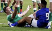 Ireland's Johnny Sexton celebrates after scoring a try during the Rugby World Cup Pool A game at Fukuoka Hakatanomori Stadium between Ireland and Samoa, in Fukuoka, Japan, Saturday, Oct. 12, 2019. (AP Photo/Aaron Favila) Ireland's Johnny Sexton celebrates after scoring a try against Samoa