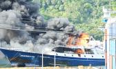 Fishing vessel Jeanette on fire at the dock in Pago Pago harbor