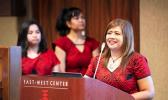 Rodalyn Gerardo (Guam), at podium, Sherlyn Reynold (Chuuk) and Katrina Hunkin-Seumanutafa (American Samoa)