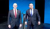 Utah Sen. Mike Lee, right, and his challenger Evan McMullin before their debate Oct. 17, 2022. AP Photo/Rick Bowmer Utah Sen. Mike Lee, right, and his challenger Evan McMullin
