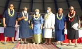 [l-r] Senate President Gaoteote Palaie Tofau, Gov. Lolo Matalasi Moliga, First Lady Cynthia Malala Moliga, the Rev Elder Fa’aetete Saifoloi, House Speaker Savali Talavou Ale, and Secretary of Samoan Affairs Mauga Tasi Asuega