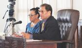 Senate Budget and Appropriations Committee chairman, Sen. Magalei Logovi’i (left) with Senate legal counsel, Mitzie Jessop-Ta’ase during yesterday’s committee discussion on two revenue bills from the governor.  [photo: FS]