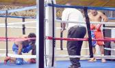 Tesimale Fatu-Taua’i of Samoa (left) when he was knocked down by Petelo Matagi (right) of American Samoa during the main event of the International Boxing Championship last weekend between the two Samoas, where American Samoa won all 5 amateur special bouts of the night. [photo AF]