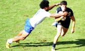 Captain Tila Mealoi putting his body on the line for the tackle in Dubai. (Photo: AP) Captain Tila Mealoi putting his body on the line for the tackle in Dubai. (Photo: AP)