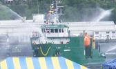 This January 2017 Samoa News file photo shows ASG's multi-million-dollar MV Manu’atele arriving at the Pago Pago Harbor on its maiden voyage from the US. 