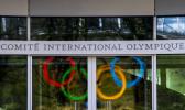 The Olympic Rings are displayed at the entrance of the IOC