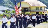 DPS police officers during a parade yesterday morning at Malaeoletalu in Fagatogo, following an inspection by Lt. Governor Lemanu Palepoi Sialega Mauga and DPS Commissioner Le'i Sonny Thompson, as part of Police Week 2018 celebrations. Today and tomorrow, informational booths will be set up at the Fagatogo Malae and Family Day is set for Friday at Suigaula ole Atavasa Beach Park in Fagaalu. Celebrations conclude this Saturday with the formal Police Ball set to be held at the Governor H. Rex Lee Auditorium. 