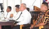 [l-r] Local Homeland Security Department director Samana Semo Ve’ave’a, Attorney General Talauega Eleasalo Ale, Police Commissioner Le’i Sonny Thompson, and Hawaiian Airlines local station manager Tuli Fruean testifying yesterday in a Senate hearing on the Certificate of Identity and the federal REAL ID Act, involving territory-issued driver’s licenses.  [photo: FS]