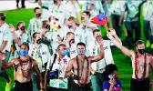 Shirtless Samoan male athletes at Tokyo Olympic Closing Ceremony