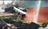 A screen shot of a video taken by Frank Barron of the incident that happened last Thursday afternoon, where the oil tanker, CSC Brave, crashed into the stern (back) of a purse seiner vessel docked at the main-dock area where fishing nets are repaired, near the Fuel Dock. Samoa News was told at the time that the incident looked like it had been caused by government tugboats, however, Port Administration says no, it was caused by the tanker’s engine problems. US Coast Guard’s investigation of the incident is 