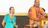 Tatau Forum conductor Poe Mageo, who is a Professor of Music in the Fine Arts Department at ASCC and Regina Meredith Fitiao, Professor of Visual Arts in the ASCC Fine Arts Department. [photo: TG]