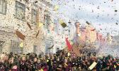 Start of the 2019 Macy's Thanksgiving Day parade with confetti flying around the turkey balloon.