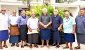 With ta'ovala are Soane Ramanlala and Penisimani Vea, the Director and the Chief Executive Officer of the Aotearos-Tonga Forest Product Ltd, 12 September 2017, Apia, Samoa. [Matangi Tonga photo]