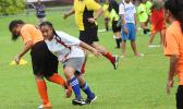 A Vaiala Tongan player dribbles by an Utulei Youth defender 