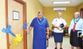 Lt. Gov. Lemanu Peleti Mauga (far left) cuts the ribbon to officially open yesterday morning the Transnational Crime Network center in American Samoa that is overseen by the Department of Public Safety. Looking on are Samoa Police Commissioner Fuiavailiili Egon Keil (middle) and American Samoa Police Commissioner Le’i Sonny Thompson (far right). [photo: AF]
