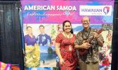American Samoa Visitors Bureau (ASVB) staffer, Eletino Tuiasosopo-Gurr, and local entertainer, Tui Letuli at the American Samoa booth during the first day of the two-day San Diego Travel and Adventure Trade Show at the San Diego Convention Center, in San Diego, CA Jan. 18-19, 2020.