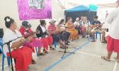 Senior citizens, students and others playing ukulele