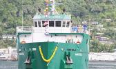 ASG’s new MV Manu’atele during one of its three turnarounds in front of the main docks in Fagatogo, upon sailing into the Port of Pago Pago on Jan. 4. It is still awaiting US Coast Guard clearance for its maiden voyage to the Manu’a islands. See story below.  [photo: AF]