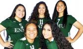  [l-r back row]: #5 Rae Sapiga (setter, 5’7”); #11 Sarah Tuioti-Mariner (outside/opposite side hitter, 5’10”); and #7 Adriana Puni (outside/opposite side hitter, 5’9”) [l-r front] #19 Fofoga Luamanuvae (outside hitter, 5’8”); and #3 Qitana Sapiga (setter, 5’5”)