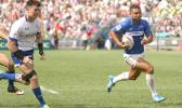 At the HSBC World Rugby Sevens Series XVIII in Hong Kong on April 8, 2017 Samoa's Alamanda Motuga outruns South Korea's defense in pool play.  Samoa beat South Korea 22-12 to finish third in Pool D.   Samoa will play Scotland in the Bowl quarter final.  South Korea will go against Russia.