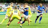 Danny Keyes with Alamanda Motuga in support in Hong Kong where Samoa lost to Australia 22-19 in the pool play opener on Friday, April 7th.  Samoa faces England and Korea on Saturday in their other two pool play matches at the 2017 Cathay Pacific/HSBC Hong Kong Sevens.  
