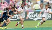 At the HSBC World Rugby Sevens Series XVIII in Hong Kong on April 8, 2017 USA's Danny Barrett makes a break with Stephen Tomasin in support.  USA beat Argentina 33-5 to win Pool D with 9 points.   USA will face England in the Cup quarter finals.  Argentina  will play Australia, winner of Pool A.